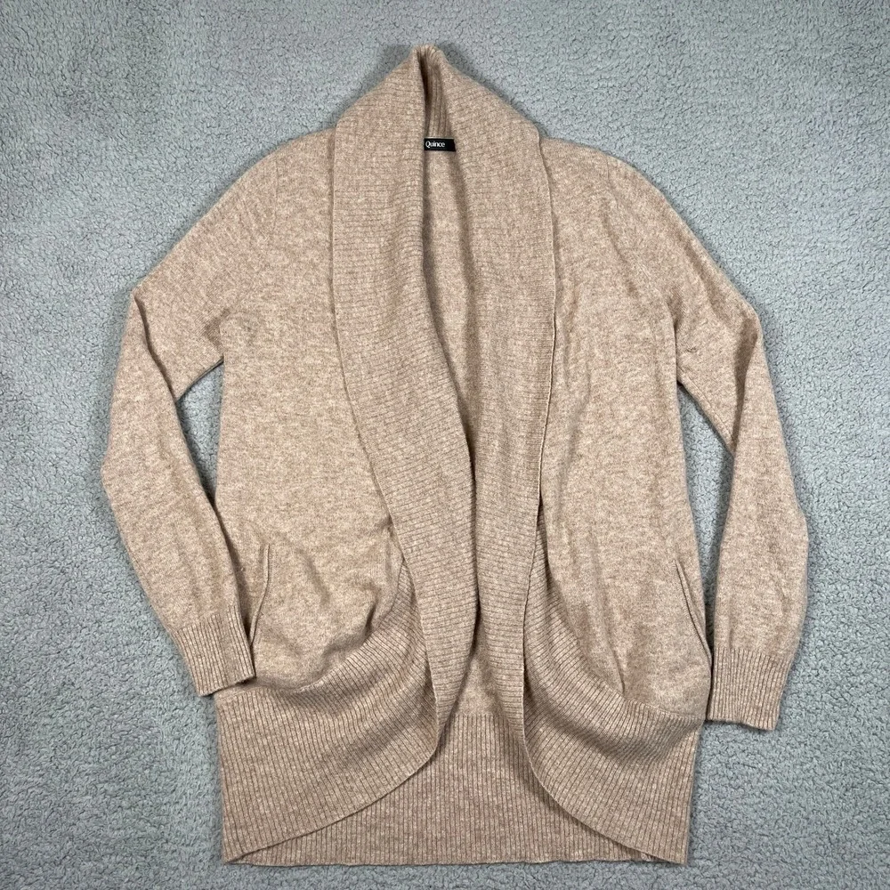 Quince Open Cashmere Cardigan Womens S Oatmeal Tan Tight Knit Drape Fit Luxury - Picture 1 of 8